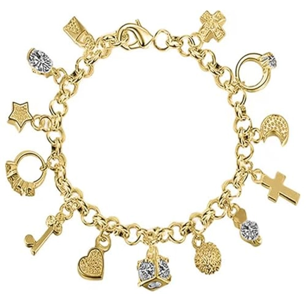 Sterling Silver Charm Bracelet Thirteen Hanging Link Bracelet Jewelry Gifts for Women (Gold)