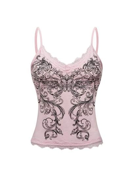 ROMWE Fairycore Women's Lace Floral Print Camisole Top For Summer - Size XS