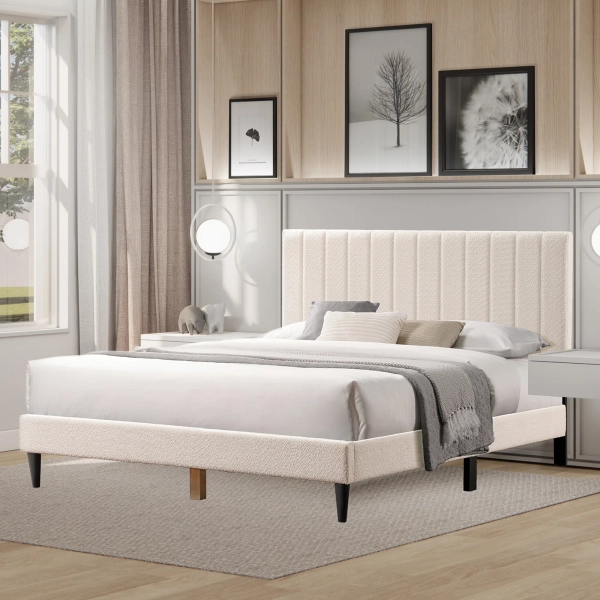 Dove Upholstered Queen Platform, Tufted Channel Headboard, Mid-century Bedroom Furniture, No Box Spring Required, Bed Frame Wood Slats, Modern Soft Boucle, 64.25" X 84.5" X 45"