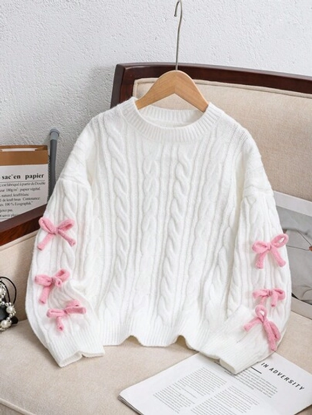 SHEIN Tween Girl Knitted Textured Colorblock Bow Crew Neck Casual Pullover Sweater, Comfortable & Cute, Suitable For Everyday Wear,In Fall/Winter