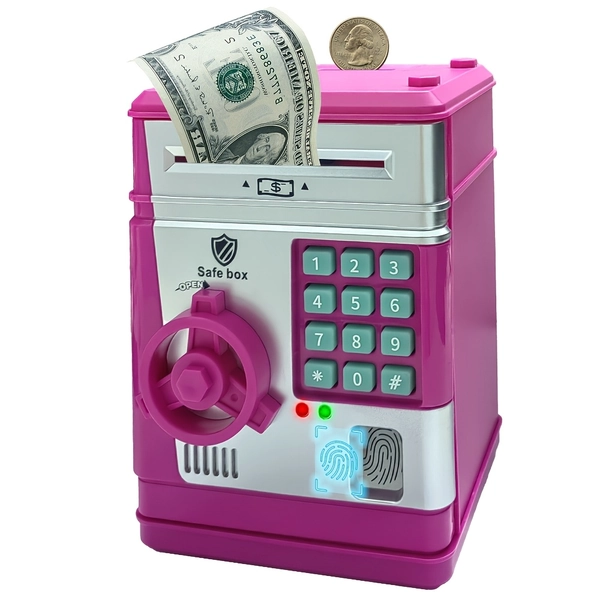 Kids' ATM Electronic Fingerprint & Password Box with Lock, Money Dispenser-like Penny Bank, Voice Guidance & - Durable ABS Cash Box for Boys & Girls (Ages 3+) - Birthday/Christmas/Halloween Gift (Batteries Not Included
