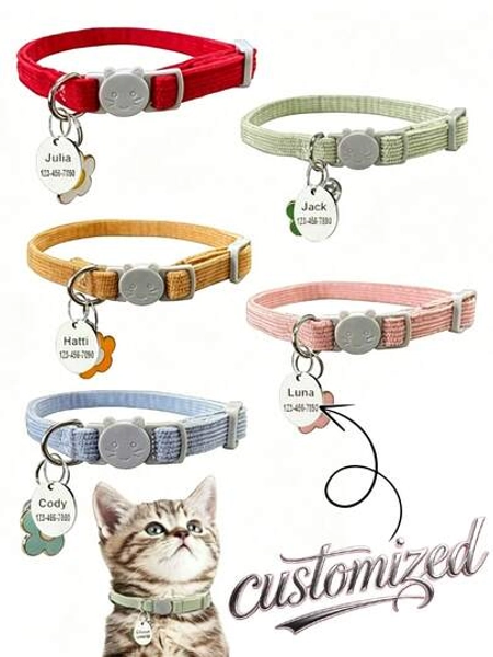 Personalized Cat Collar, Soft Corduroy Cat Collar With Bell Pendant And Pet ID Tag, Customizable Pet Name And Phone Number, Anti-Lost Cat Collar, Personalized Gifts, Breakaway - Size Red