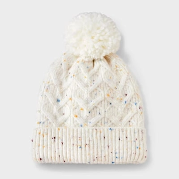 Toddler Girls' Heart Cable Knit Beanie With Pom - Cat & Jack™ Cream 2T-5T