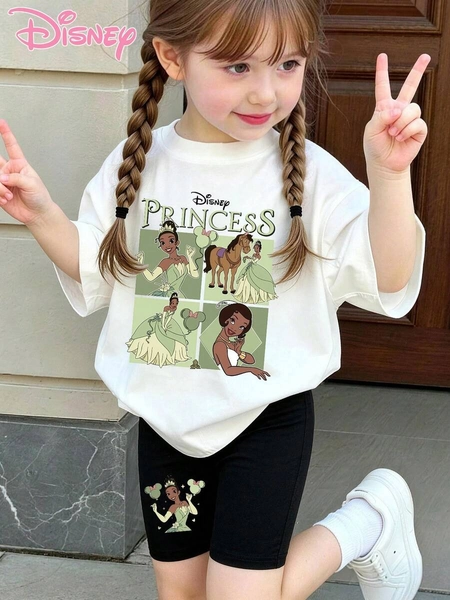 Licensed Disney Princess Tiana Grid Horse Print Girls Outfit Sets, Tee Shorts For Kids Girls Clothing Tween Teen Girl Clothes Casual Clothes