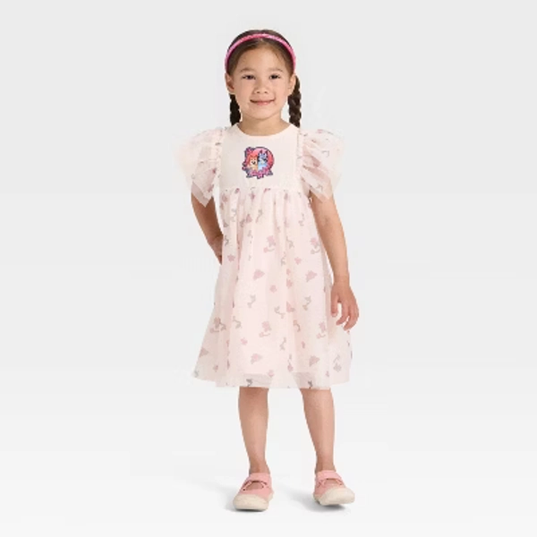 Toddler Girls' Bluey Floral Short Sleeve Tulle Dress - Pink 3T