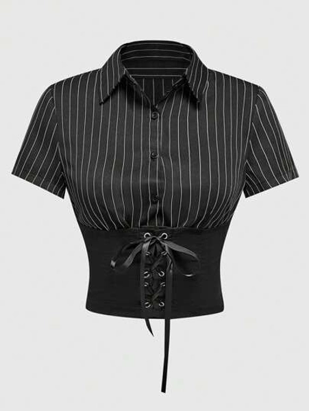 ROMWE Fairycore Women's Stripe Print Turn-Down Collar Lace-Up Short Sleeve Shirt With Front Button Closure, Business Style, Summer, School - Size M