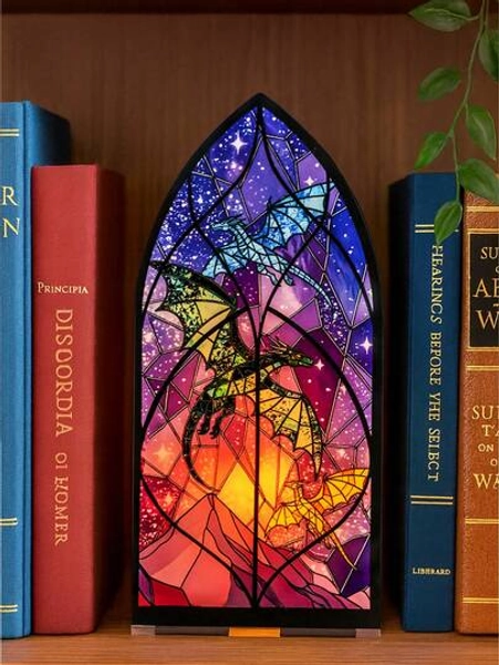 1pc Gothic Fantasy Dragon Pattern Colorful Light Reflective Tabletop Decoration Stained Glass Style Cathedral Arch Shape Transparent Painted Panel Home Decor Accent For Desktop Bookshelf Bedroom Living Room Window Halloween Party Display
