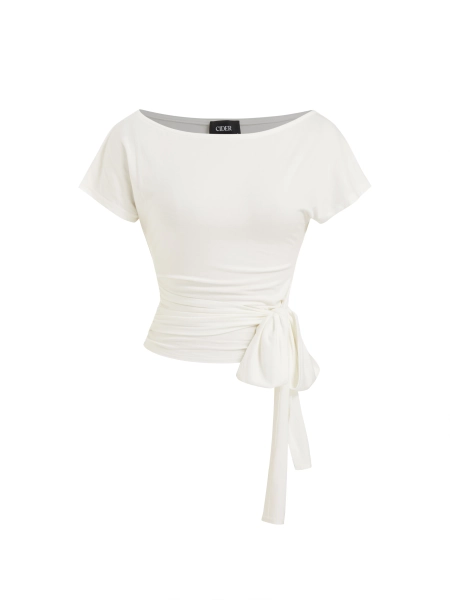 Asymmetrical Neck Short Sleeve Knotted Ruched Top