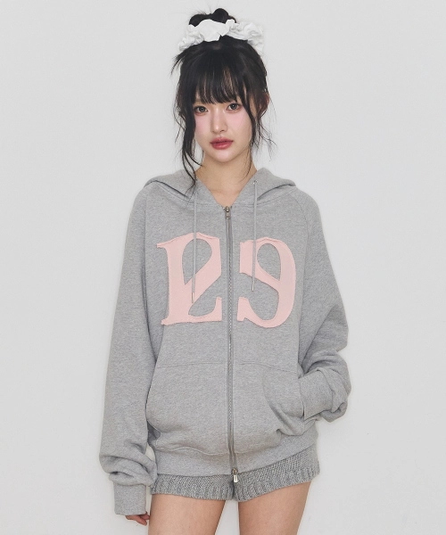 129 Logo Patch Hoodie Zip-Up Light Gray