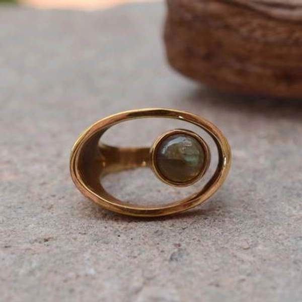 Labradorite & Moonstone Brass Ring: Open Boho Gemstone Ring