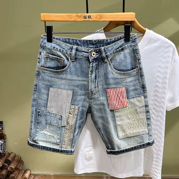 Summer Splicing Fashion Denim Shorts Patch Trendy Brand Handsome High-end Beggar Short Pants Medium Men Clothes Jeans Shorts - AliExpress 200000343