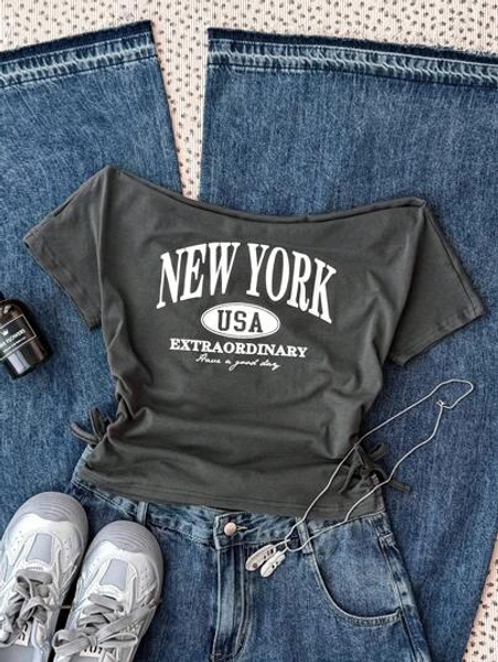 SHEIN Teen Girl Street Casual Versatile Sports Chic Summer Gray Cropped Shoulder Letter Graphic Tee, Back To School