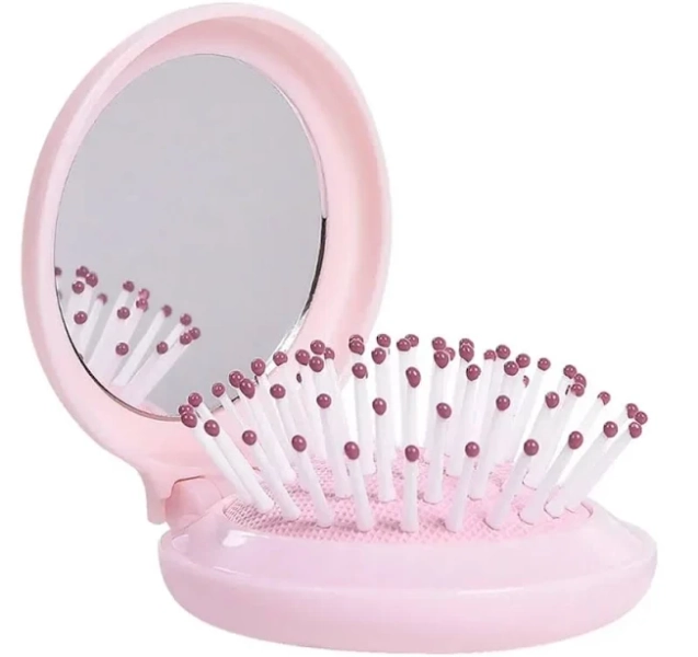 Mini Hair Brush Pocket Size with Mirror Travel Purse Comb Pink