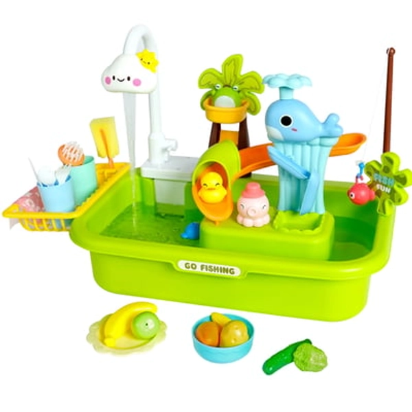 Easy Playhouse: 4-In-1 Play Sink - Running Water Electric Faucet, Kitchen & Food Accessories, Waterpark Theme, Fishing Games, Bath Toys, Kids Age 3+