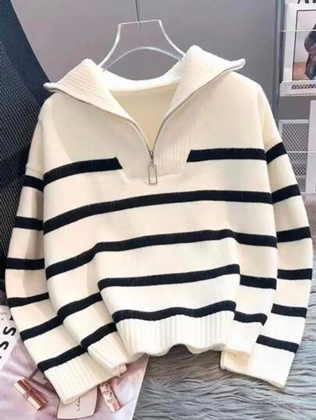 New Autumn/Winter Women Striped Crew Neck All-Match Sweater, Fashionable & Simple Pullover Design,Long Sleeve Tops