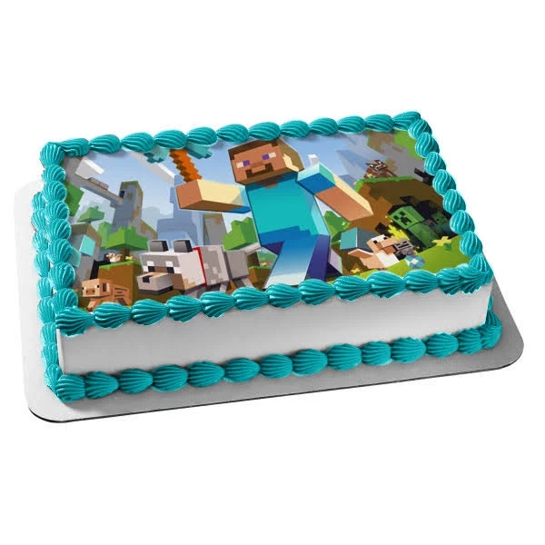 Minecraft Steve Diamond Pickaxe Wolf and A Creeper Edible Cake Topper Image