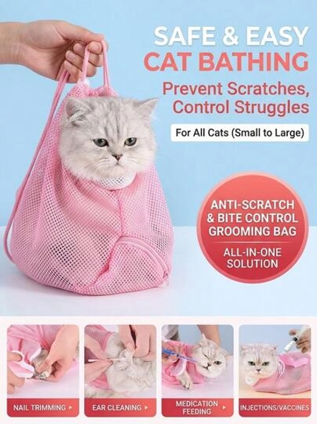 PETSIN 1pc Cat Bathing Bag, Cat Grooming Tool, Nail Clipper, Pet Cleaning Supplies, Anti-Scratch Anti-Bite Bathing Bag - Size Pink