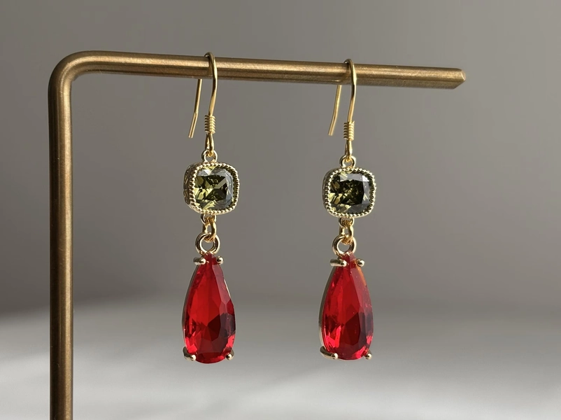 Olive green square and red teardrop earrings with Gold plated over siver ear wires