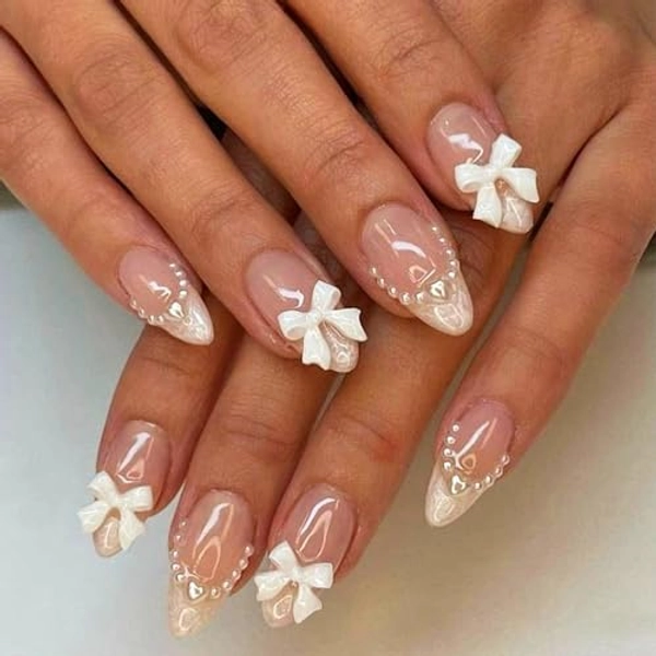 White French Tip Almond Medium Fake Nails with White Pearls Bow Designs Pink Full Cover Glue on Press On Acrylic False Glossy Stick on Nails - 24pcs