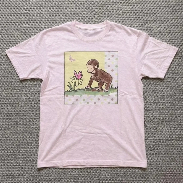 Pink Curious George Cute Baby Tee – Y2K Vintage Cartoon Aesthetic Top