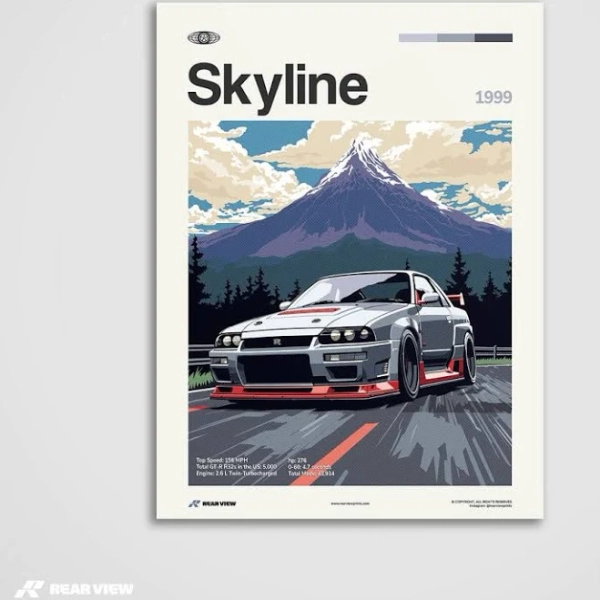 Car Posters Nissan Skyline 1999 • Car Art Poster • Rear View Prints