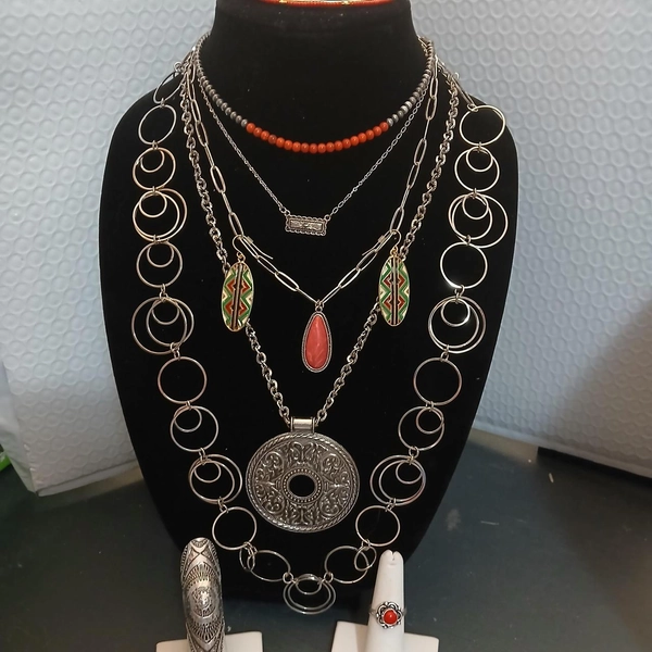 Unique silver and red statement necklace set,...
