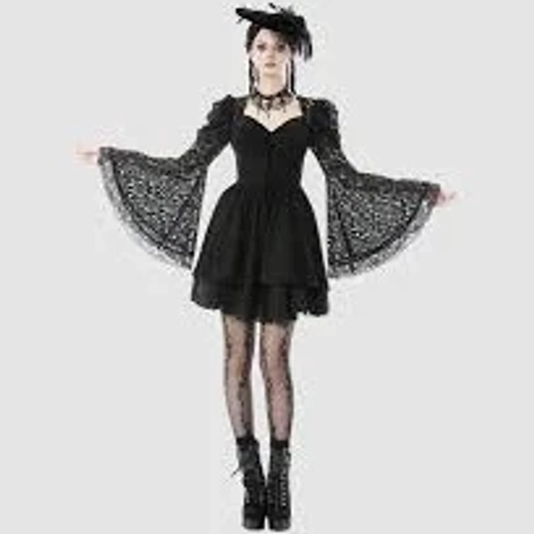 Black Gothic Lace Mini Dress with Lace-Up Detail
