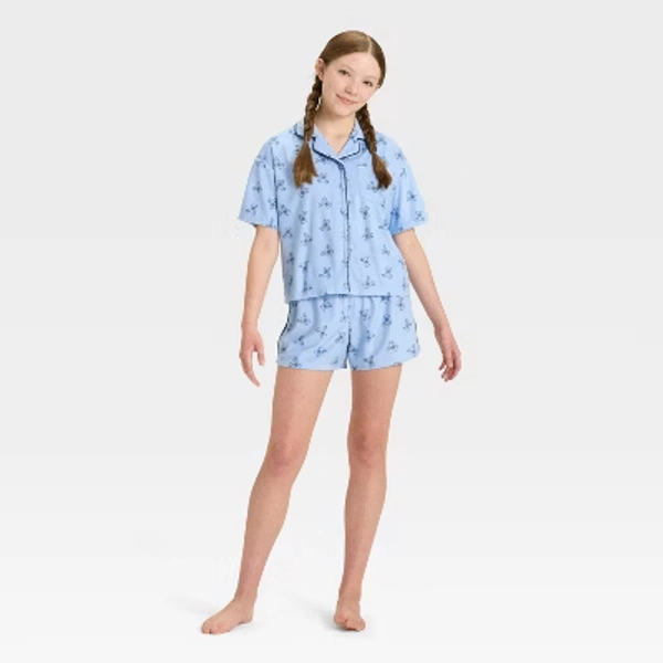 Girls' Bear Short Sleeve Button-Down Pajama Set - art class™ Blue S