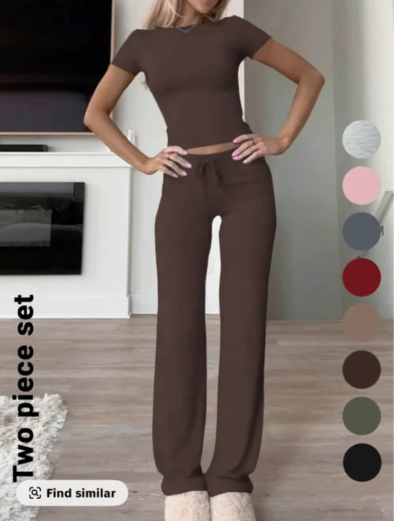 Women's Solid Short Sleeve Two-piece Set, Casual Round Neck Crop - TikTok Shop