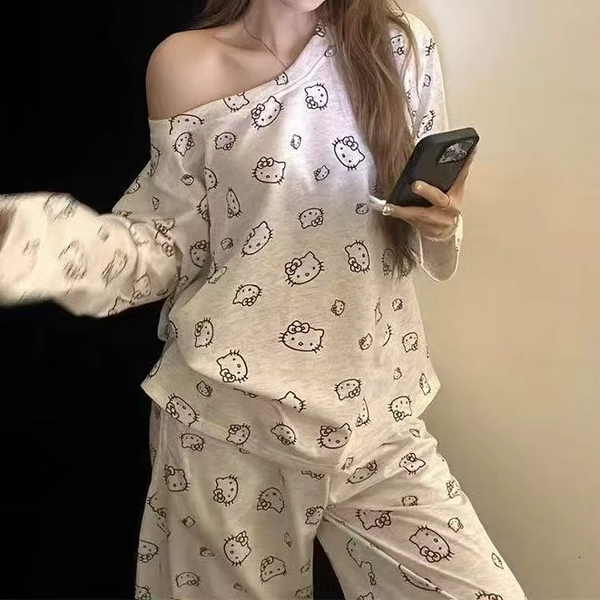 Anime HelloKitty Girl Summer Casual Lazy Style Off Shoulder Pajamas Cartoon Cute Sweet Beauty Spring and Autumn Outable Home Set