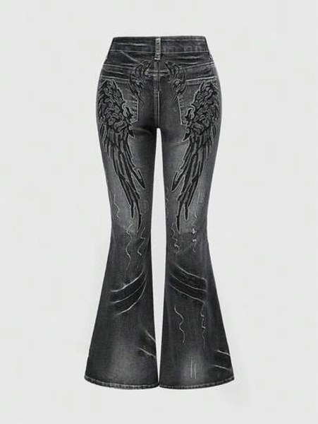 ROMWE Grunge Punk Spring/Summer Casual Y2K Vintage Washed Wing Print Super Low Waist Flare Stretch Women Jeans - Size L