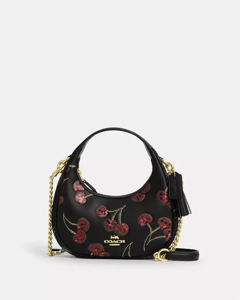 Gold/Black Multi Carmen Mini Crossbody Bag With Cherry Print