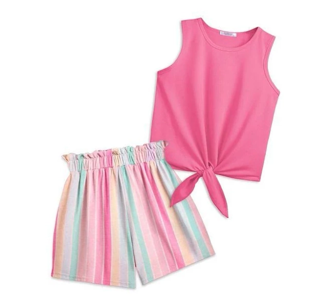 Arshiner Girls Summer Clothes Piece Sets Sleeveless Shirts And Shorts Set Kids Clothing Pockets, Girl's, Size: 8-9, Rainbow Colored Stripe