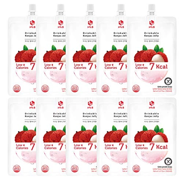 JELLY B Drinkable Konjac Jelly (10 Packs of 150ml) - 0 Gram Sugar, Only 7 kcal Each Packets (Lychee)