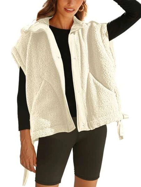Women's Fuzzy Fleece Vest Oversized Casual Sleeveless Fuzzy Sherpa Jacket Winter Warm Button Down Gilet Outerwear With Pockets Puffer Vest For Women
