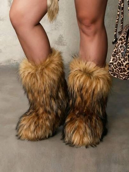 Winter Snow Boots Faux Fur Boots For Women Warm Fuzzy Fluffy Winter Furry Snow Boots Flat Shoes Outdoor