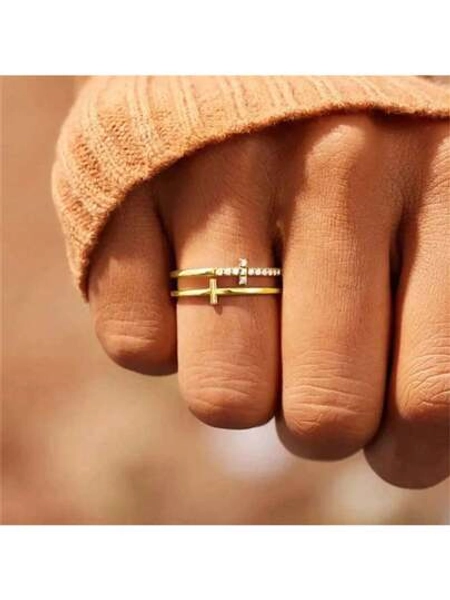 1PCS Double-Layer Ring For Women, Small-Group Design, Fashionable, Individual, Cold And Indifferent Style Ring, Light Luxury Style Ins  Ring, Light Luxury Elegant Temperament Ring, Fashionable And Popular Hot-Selling Ring, Wedding Ring, Engagement Ring, Copper Inlaid Oxidized  Ring, Elegant And Luxurious Jewelry Accessories, A Perfect Gift For Ladies And Girls, Christmas Gift, Anniversary Gift, A Ring For Women.