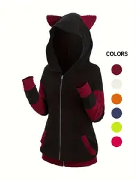 Women's Colorblock 3d Ear Design Textured Zip Up Hooded Coat, Cute Long Sleeve Pocket Outerwear for Fall & Winter, Women's Clothes for Daily Wear