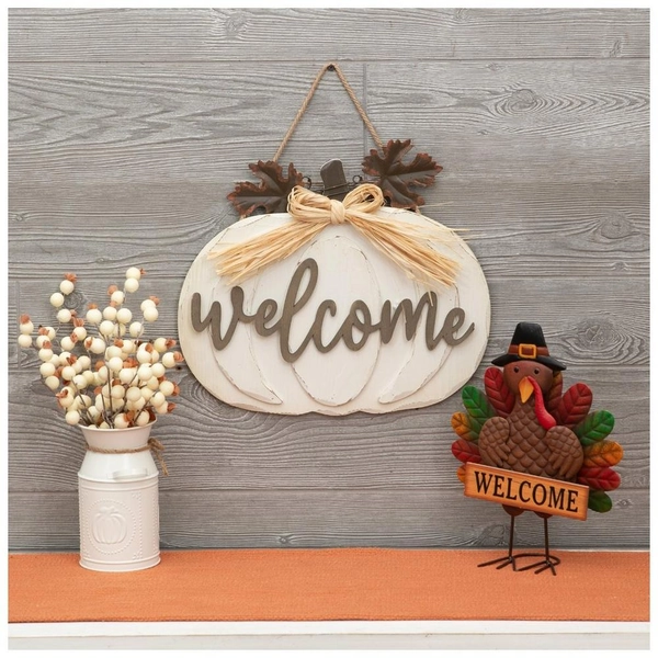 Welcome White Pumpkin Wood Wall Decor