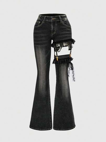 ROMWE J-Fashion Y2K Harajuku Gyaru Y2K Lace Patchwork Low Waisted Cross Design Vintage Skinny Super Low Waist Women Jeans - Size M