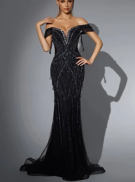 Gothic Sequin Off-the-Shoulder Maxi Dress