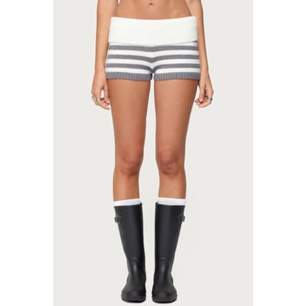 EDIKTED Saphi Stripe Foldover Waist Knit Shorts in Gray-And-White at Nordstrom, Size Medium