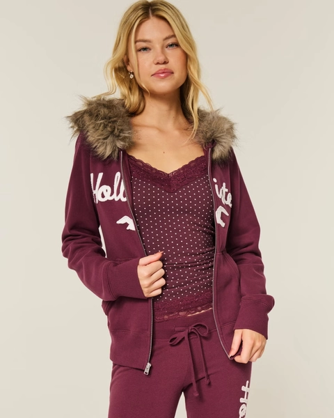 Faux Fur Trim Zip-Up Hoodie