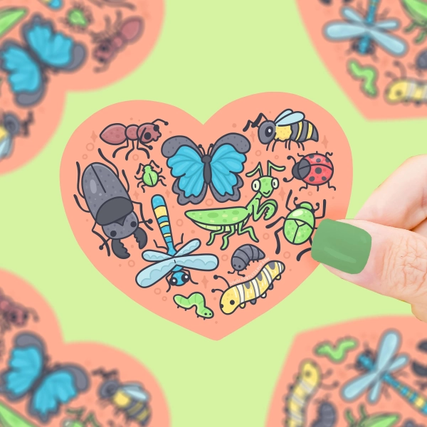 Cute Bugs Heart Sticker, Insects, Butterfly, Honeybee, Bug Lover, Ladybugs, Summertime, Beetle, Outdoorsy, Bug Collector, Waterproof Sticker
