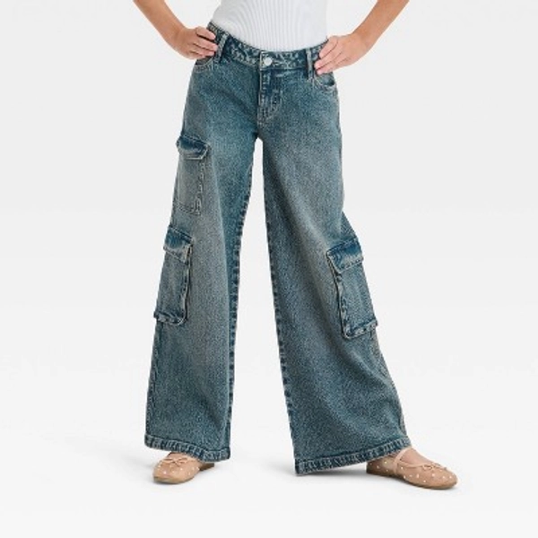 Girls' Mid-Rise Wide Leg Cargo Jeans - art class™ Dark Wash 4: Adjustable Waistband, Lightweight Denim, Stretch Fabric