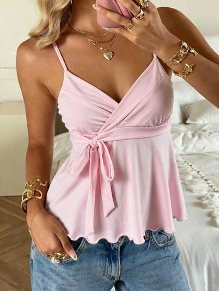 CovetEZ Women's Autumn/Winter New Arrival - Sweet And Casual Pink Clean Girl Style Casual Women's Side Tie-Up Knot Ruffle Camisole Top