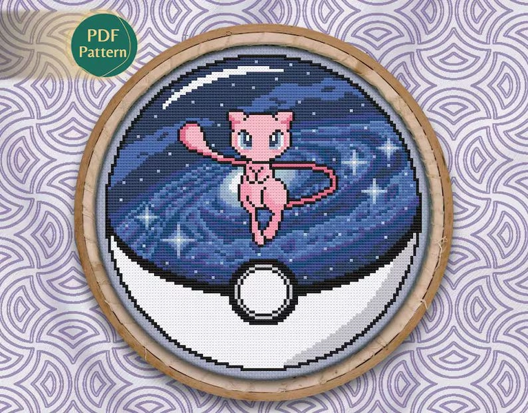 Psychic Type Cross Stitch Pattern, Pokeball terrarium Mew, Counted cross stitch, Galaxy, Stars, Universe, Navy, Pastel Pink, PDF Pattern