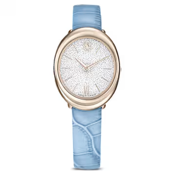 Imber oval watch, Swiss Made, Leather strap, Blue, Champagne gold-tone finish