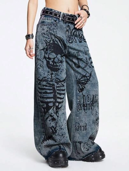 ROMWE Grunge Punk Skull & Letter Graphic Wide Leg Jeans, School Boy Friend Jeans - Size L