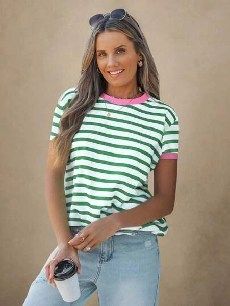 Wildy Casual Minimalist Colorful Striped Round Neck Short Sleeve Loose Women T-Shirt